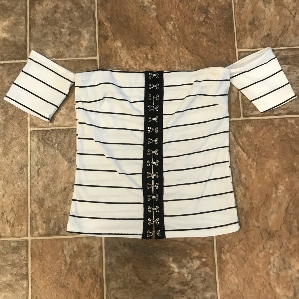 white and black striped top